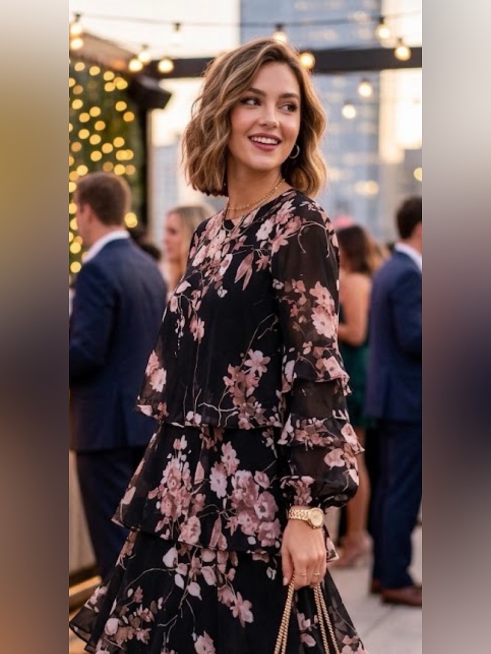 Taylor Dress ruffled long sleeve black floral SZ 4 formal party lightweight boho